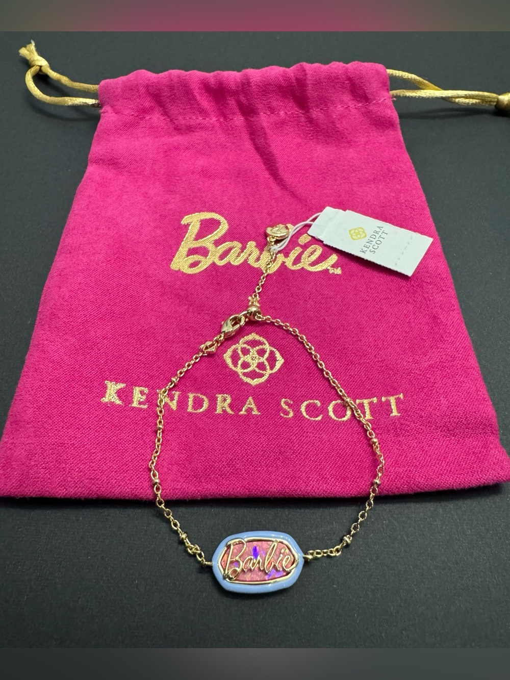NWT Barbie™ x Kendra Scott Gold Elaina Satellite Reversible Bracelet with pouch